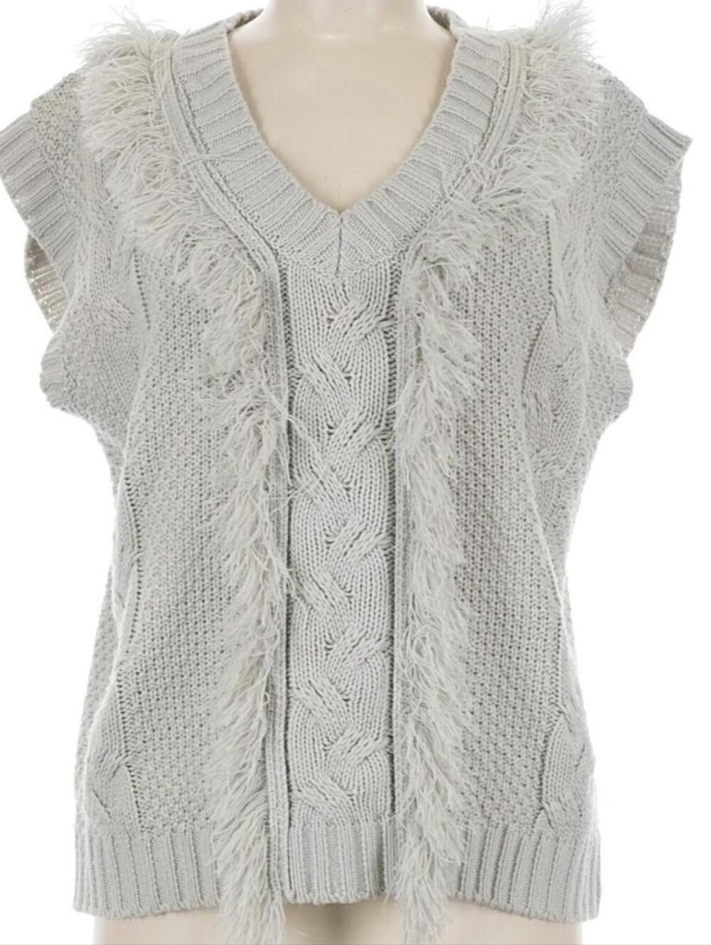 Vigoss Light Gray Cable Knit Fringe Trim V-Neck Sweater Vest Size M